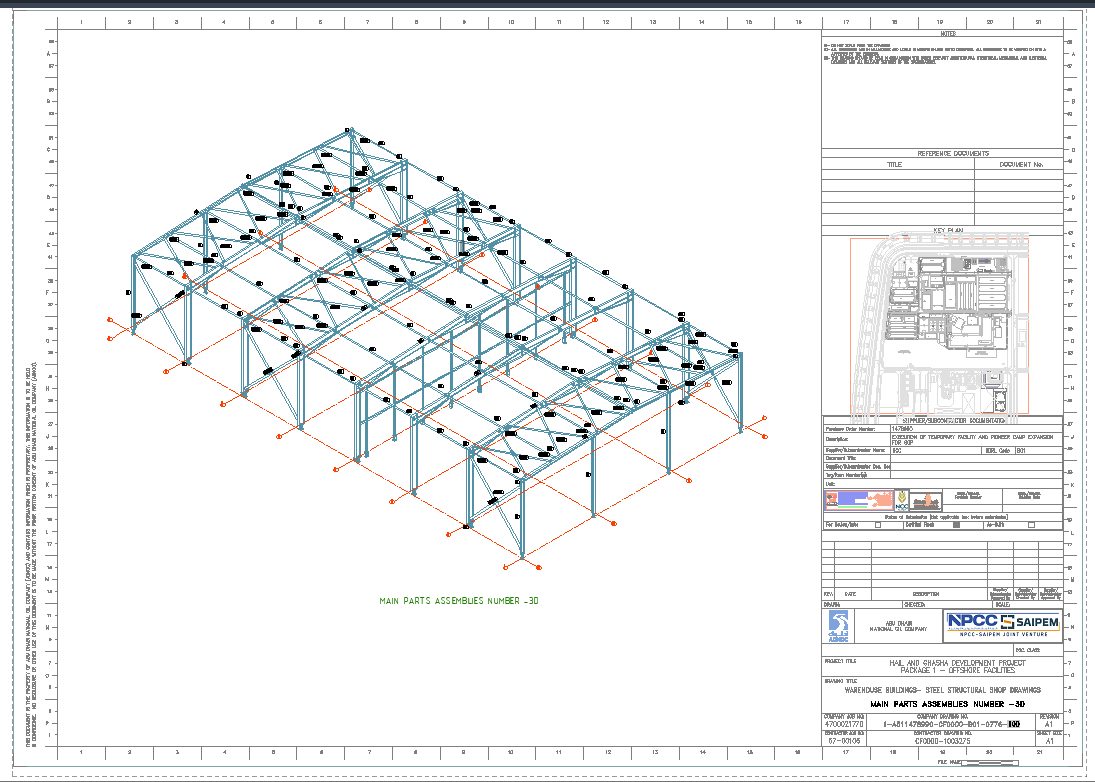 Drawing sheet showing a 3D model of a steel building frame