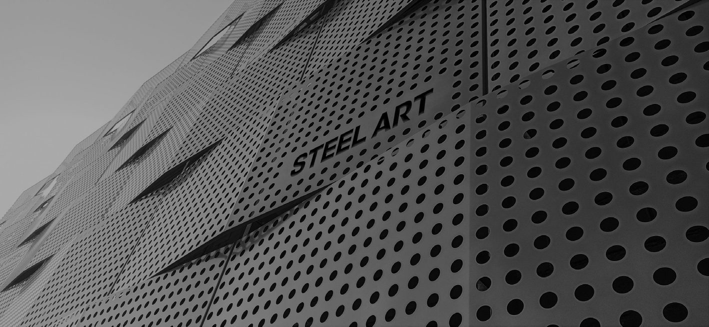 Perforated steel facade panel carrying the Steel Art name