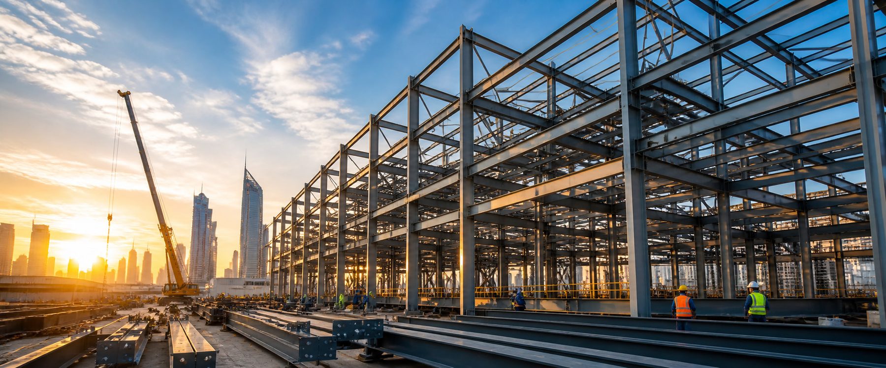 Structural steel frame under construction at sunset with the Abu Dhabi skyline behind