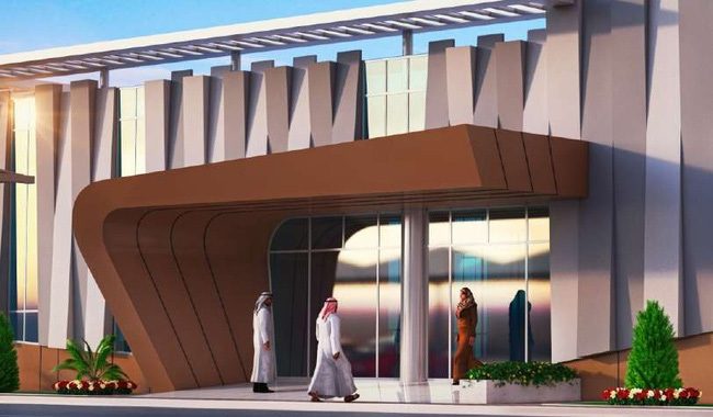 Design render of a curved copper-coloured entrance canopy